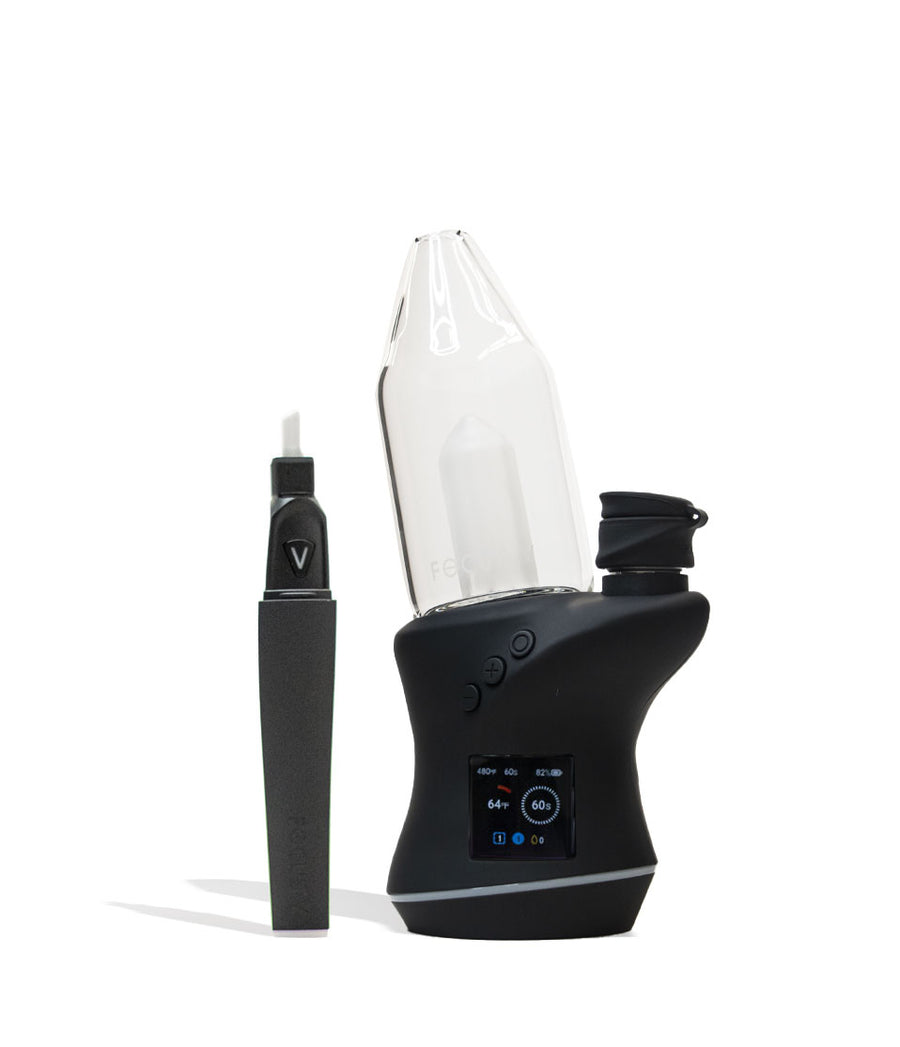 Black Focus V Carta 2 Electronic Dab Rig and Saber Hot Knife Deluxe Kit Front View on White Background