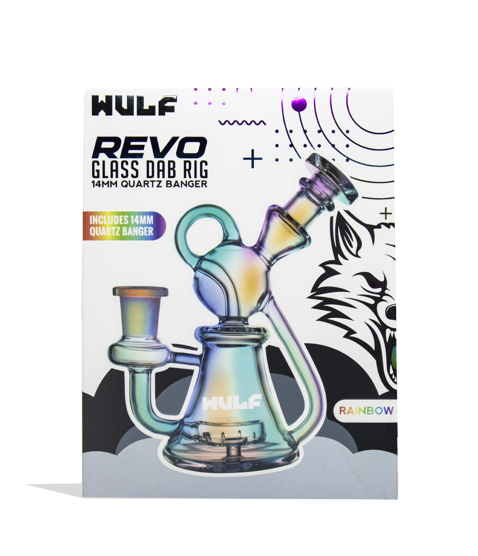 Full Color Wulf Mods Revo 14mm Dab Rig with Quartz Banger Packaging Front View on White Background