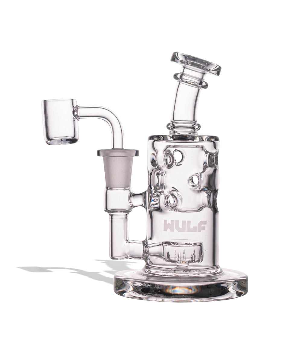 Clear Wulf Mods Shift 14mm Dab Rig with Quartz Banger Front View on White Background